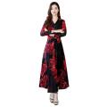 V-Neck Long Sleeve Long Ladies Floral Print A-line Casual Women Dresses. 