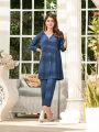 MK COUTURE Irish Linen 2 Pcs Stitched- Solid Blue. 
