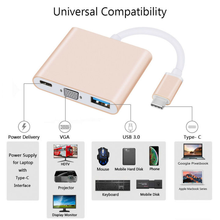 USB 3.1 3-in-1 Combo Adapter Type C to VGA 1920x1200 60Hz USB 3.0 A/C TV