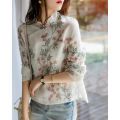 Women Chinese Style Elegant Cheongsam Tops Stand Collar Shirt Retro Button Long-sleeved Printed Shirt For Daily Party Wear. 