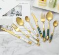 Openi - 24 Pcs Household Cutlery Set with Hanging Rack - Independent Storage And Easy To Use - Durable Stainless Steel Material - Fork, Spoon, Knife, Tea Spoon Set And White Marble Design Handle. 