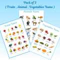 Pack of 3 - Flash Cards : Fruits Name , Vegetables Name, Animals Name - Along With Pictures - All-in-One - Flash Card A4 Size Durable Hard Coated Plastic With Ring Holder. 