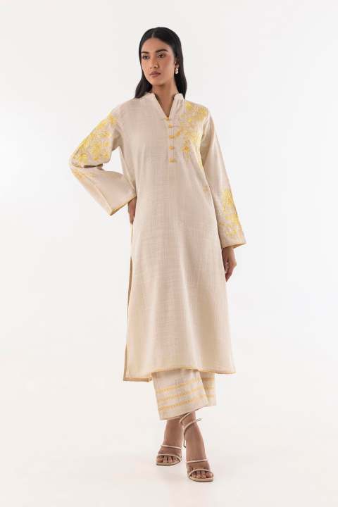 Sana Safinaz - Stitched Beige Slub Embroidered Shirt - Ready to wear - Dress for girls-Summer Dress