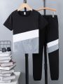 2pcs Boys Casual Colorblock Short Sleeve T-shirt & Shorts Set, Comfy Summer Boys Clothe. 