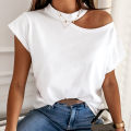 Women T-shirt Short Sleeve One Shoulder Mock Neck Halter Blouse Top. 