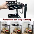 3 Tier Metal Countertop Kitchen Spice Rack Standing Corner Shelf Removable Seasoning Organizer Jars Bottle Storage Knife Utensils Holder with 3 Hooks, Black. 