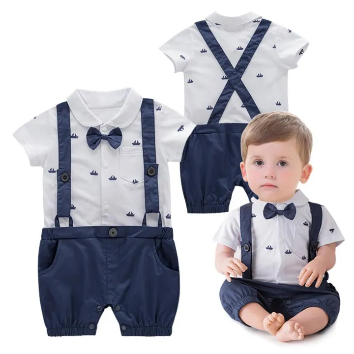 Infant%20Baby%20Boy%20Short%20Sleeve%20Gentleman%20Cartoon%20Print%20Romper%20Solid%20Print%20Jumpsuit%20-%20Image%203