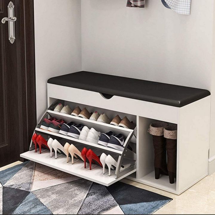 Flip-Drawer Shoe Storage Bench, Wooden Shoe Rack Pull Down Shoe Storage Cabinet Stand Shoe Rack Organizer