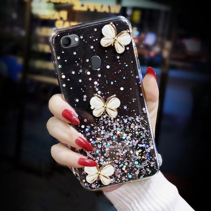 For OPPO F7 Back Cover Luxury 3D Shiny Rhinestone Butterfly Glitter Sequins Starry Girls Cases Clear Soft TPU Silicone Protective Mobile Phone Case