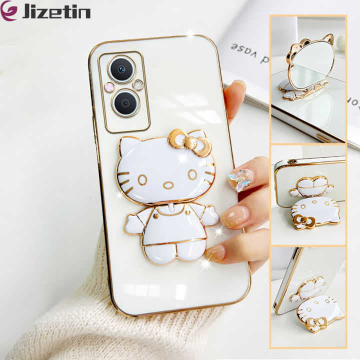 Jizetin for OPPO Reno7 Z 5G / F21 Pro 5G / Reno8 Z 5G Back Cover + Mirror + Hello Kitty Bracket 360 Rotation Luxury Plating Fashion Holder Phone Cases