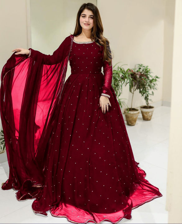 Stylish Front Back Pearls Maxi Dress for Women 3-Piece - Party Wear Frocks for Women