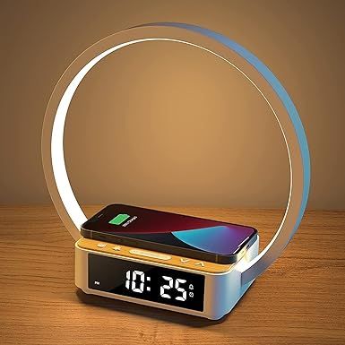 Amouhom Table Lamp, 18W Touch Lamp Alarm Clock with Wireless Charging Wake-Up Light, Digital Sonic 10W Max Qi Charger Nightstand Reading Lamps for Bedside, Reading, Home, Office