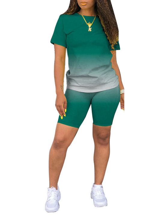 Women%E2%80%99s%20Short%20Sleeve%20T-shirt%20Shorts%20Suit%20Fashion%20Gradient%20Solid%20Color%20Pullover%20Top%20and%20Tight%20High-waist%20Pants%20-%20Image%202