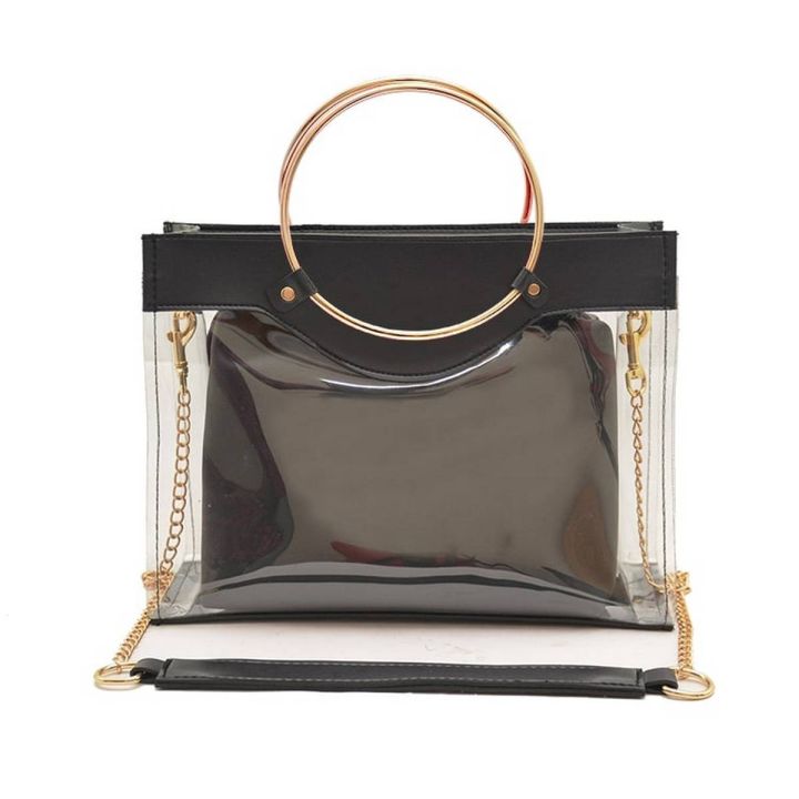 Astore Transparent Black Faux Leather Fix Gold Chain Acrylic Bag with Inside Vanity Party ShoulderBag and Handbag bags For Women and Girls