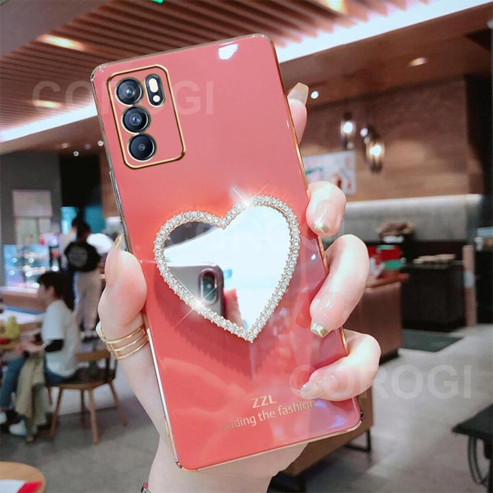 For OPPO A16 Cover with Makeup Mirror Shiny Plating Square Bumper Girls Phone Case Soft TPU Silicone Shockproof Protective Back Cover