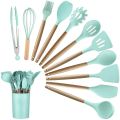 12Pcs-Silicone Kitchenware Set Kitchen Utensils Cooking Sets Non-stick Spatula Silicone Kitchen Tools with Wooden Handle Heat Resistant Non-Toxic BPA Free. 