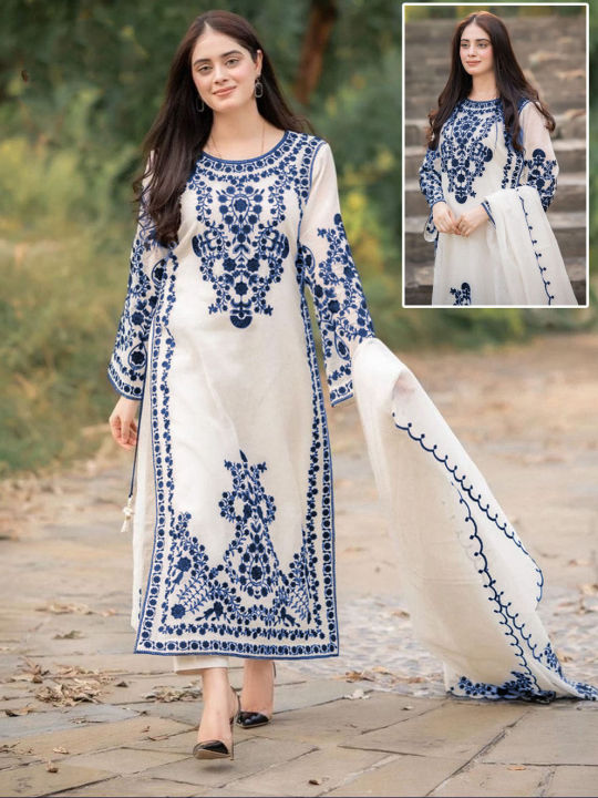 Elegant Embroidered Long Kurti for Women with Dupatta Trouser 3 Piece Suit Fancy Wedding Dresses for Women Daraz.pk