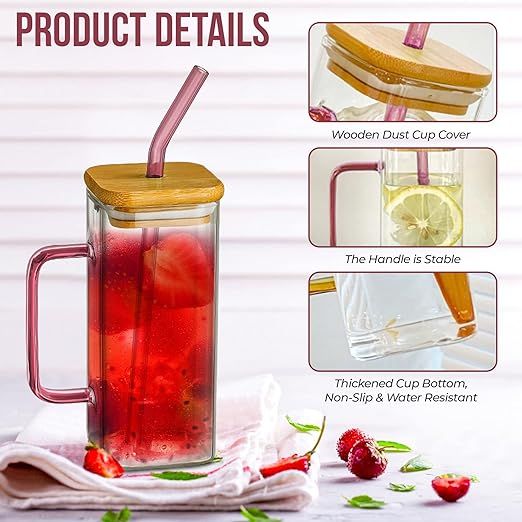 380ML Glass Cup with Wooden Lid and Straw-Clear Tall Coffee Mugs with Handle for Iced Coffee, Tea, Beverages-Aesthetic Cups