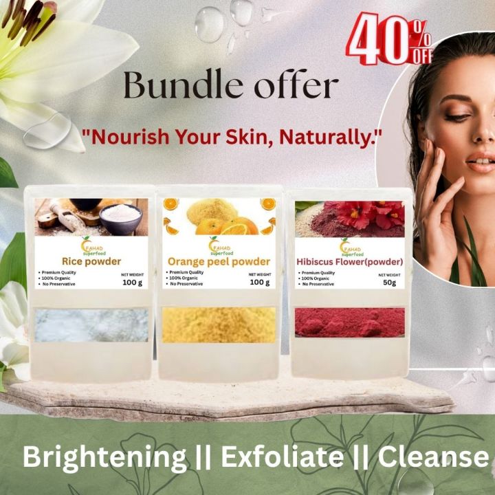 Herbal Glow Face Pack – , Orange Peel powder 100 g ,Hibiscus powder 50 g & Rice Powder 100 g each || exfoliating || brightening || deep cleansing || Anti-Aging