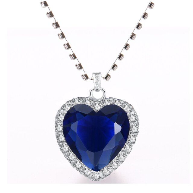 Exquisite Heart Pendant Necklace For Women Titanic Heart Of Ocean Blue Heart "my Heart Will Go On" Necklace Velvet Bag