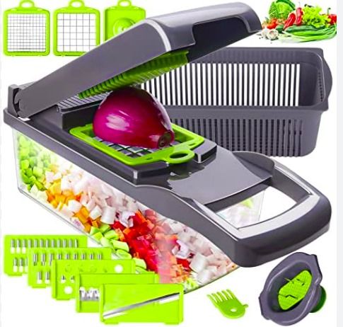 Vegetable Chopper cutter Slicer Multifunctional 14 in 1 Food Choppers Onion Chopper Vegetable Slicer Cutter Dicer Veggie Chopper with 8 Blades, Colander Basket, Container for Salad Potato Carrot Garlic