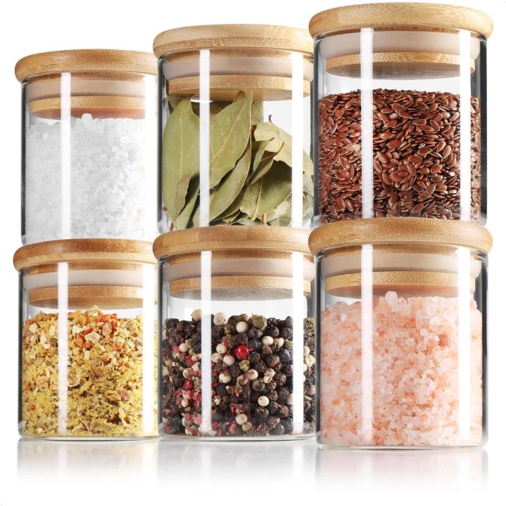 200ml Small Clear Glass Jar with Bamboo Silicone Sealed Lid (6 Pack) Nuts Spice or Kitchen Storage