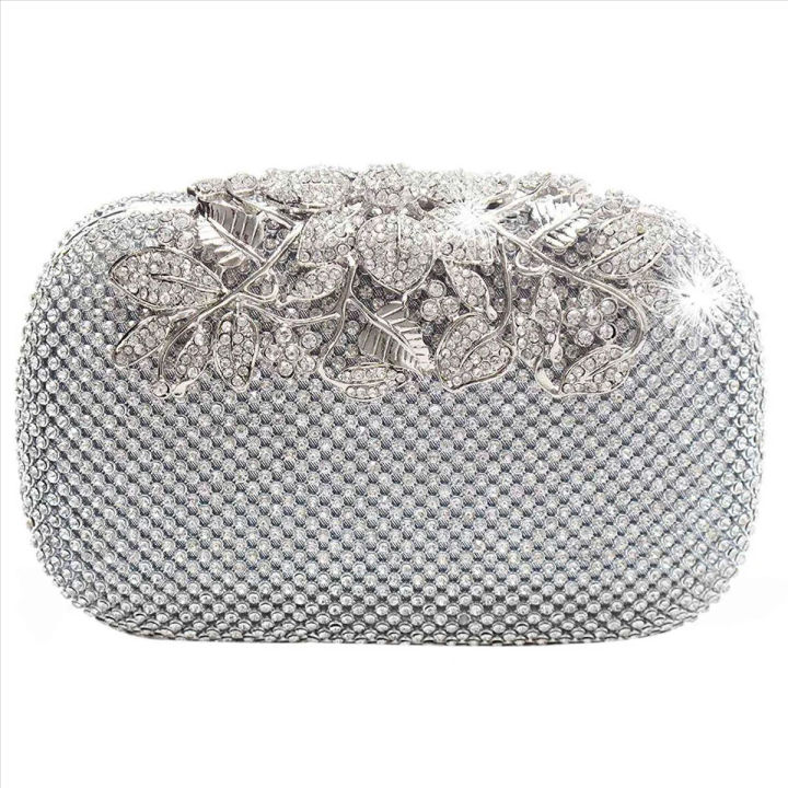 New 2024 Luxury Diamond Silver clutches wedding evening purse Bling Fashion Flower rhinestone clasp clutch bag purse