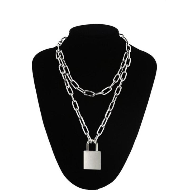 90s Double Layer Chain Necklace With Lock Women/men Rock Padlock Pendant Necklace Vintage Emo Grunge Goth Jewelry