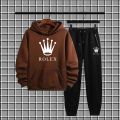 Black Rolex printed 2pc warm fleece pullover Tracksuit For Mens & Boys - Soft & Comfortable Fleece Fabric Hoodies For Mens Kangaroo Hooded Sweatshirt & Trouser For Mens Printed Tracksuit. 