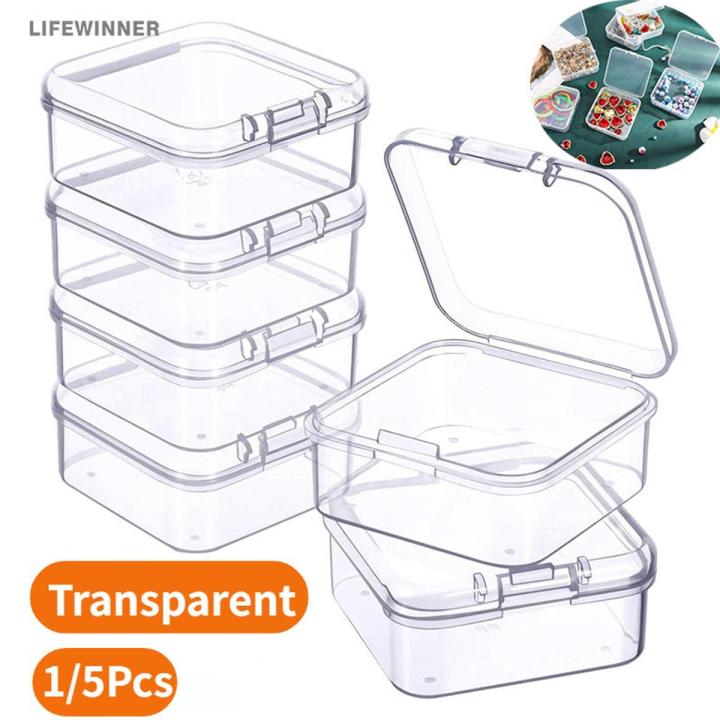 1/5Pcs Mini Square Jewelry Box Transparent Plastic Small Square Box Lock Design Durable Moisture-proof Sealed Jewelery Storage Case Multifunctional Organizer Container