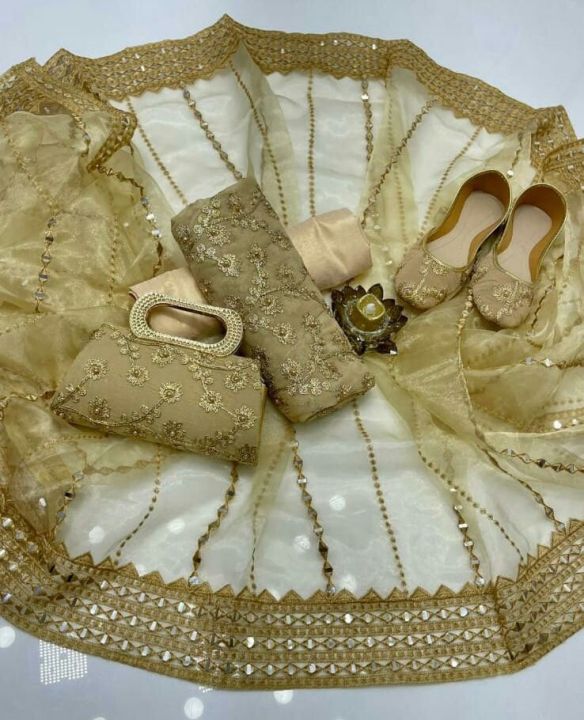 5 Piece Wedding wear Bridal Fancy unstitched Dress for Girls (Khaki)