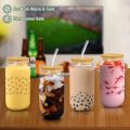 Drinking Glasses Round Shaped Glass Cups with Bamboo Lids and Glass Straws for Beer Iced Coffee Wine Cocktail,Glass with glass straw and wooden lid, coffee glass, milk glass, juice glass -Imported high quality - cups for tea - tea cup - coffee mug. 