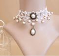 Elegant Vintage Imitation Pearl White Lace Statement Choker Necklace. 