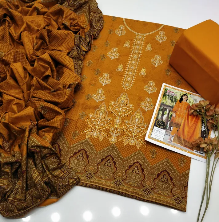 "Unstitched Soft Lilan Embroidered 3-Piece Suit – Chikankari & Digital ...