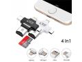 Multiple USB Card Reader, 4 in 1 Micro SD Card Reader with Type C USB Connector OTG HUB Adapter, Lightning connector, TF Flash Memory Card Readers For  iOS, Android USB2.0, Windows Black. 