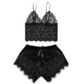Women Lace Pajamas Nightclothes Black PINK L XL XXL V Neck Low Cut Lace Top And Ice Silky Shorts. 