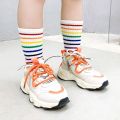 【HOT】 Fashion Rainbow Socks For Kids Spring Summer Colourful Stripe Breathable Cotton Girls Boys Tube Socks School Long Socks 1-8 Year. 