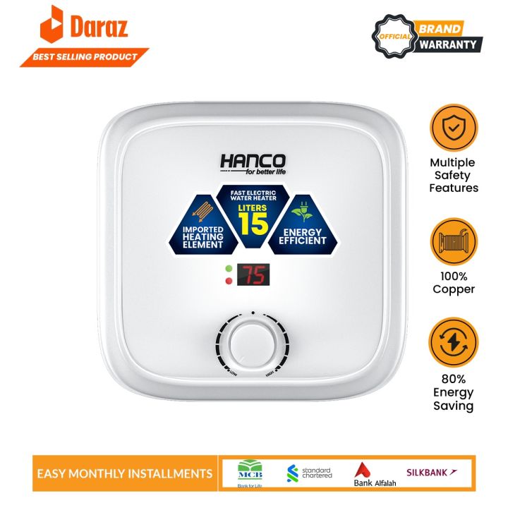 Hanco Fast Electric Water Heater - 15 Liters Electric Geyser Digital Meter - Multiple Safety Systems with Imported Heating Element - 1 Year Brand Warranty