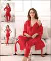 Nighty Set 3 Piece Night Wear For Women / Beautiful Night Dress / Sleepwear Nighty (GOWN + Inner Dress + Trouser) - RED. 