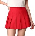 Women's High Waisted Pleated Skirt Casual Dress, School Uniform, Red Cotton Polyester Material, Side Zipper, Non Stretchable, Machine Washable. 
