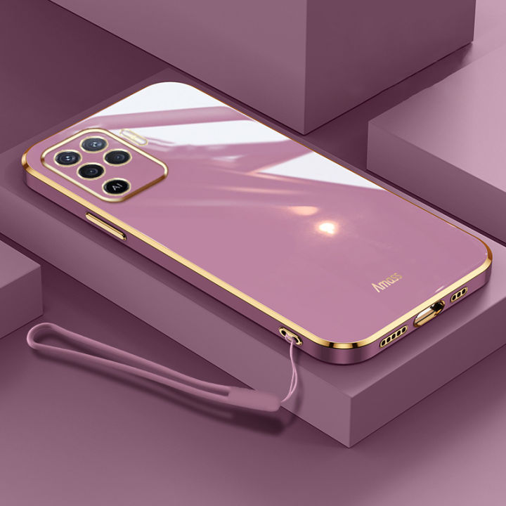 For OPPO F19 Pro Back Cover with Lanyard Luxury 6D Plating Frame Shiny Bling Cases Soft Silicone Square Protective Mobile Phone Case for Girls Boy