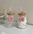 Openi - Ribbed & Round Glass Sipper with Glass Straw, Tumbler Can Lid Ribbed Square Glass Mug with Straw, Mason Jars With Cover, Mug for Fruit Juice Milk & Coffee Mug. 