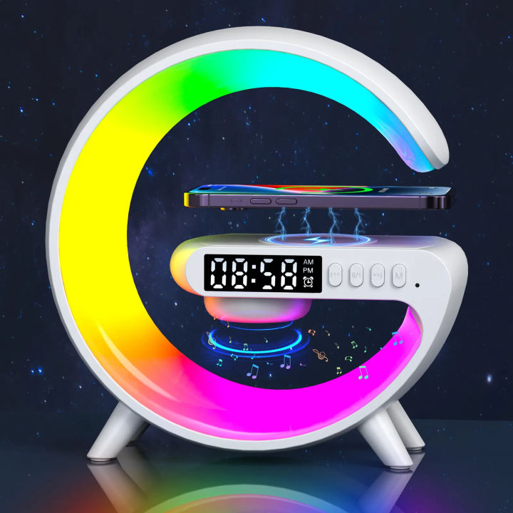Urban Enterprises-G63 G-Shape Smart Lamp Multifunction Bluetooth Speaker Desk/Table Lamp With Wireless Charger | Digital Alarm Clock | 15W Fast Charging | APP Control RGB Atmosphere Night Light for Room Decoration