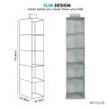 hanging organizer, cabinet organizer, hanging shelf, hanging storage, foldable and space saving, metal hooks and bamboo inserts, linen-like texture 5 shelve. 