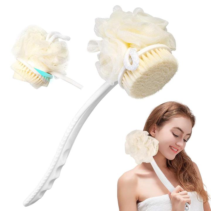 High Quality Bath Sponge 2 IN 1 Long Handle Bath Body Brush with Soft Loofah Bristles Back Scrubber with Curved Long Handled Shower Brush for Wet or Dry Bath Shower Sponge Back Scrubber Brush