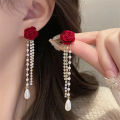 Wine Red Flocking Bow Pearl Tassel Earrings For Women Elegant Trending Luxury MJ. 