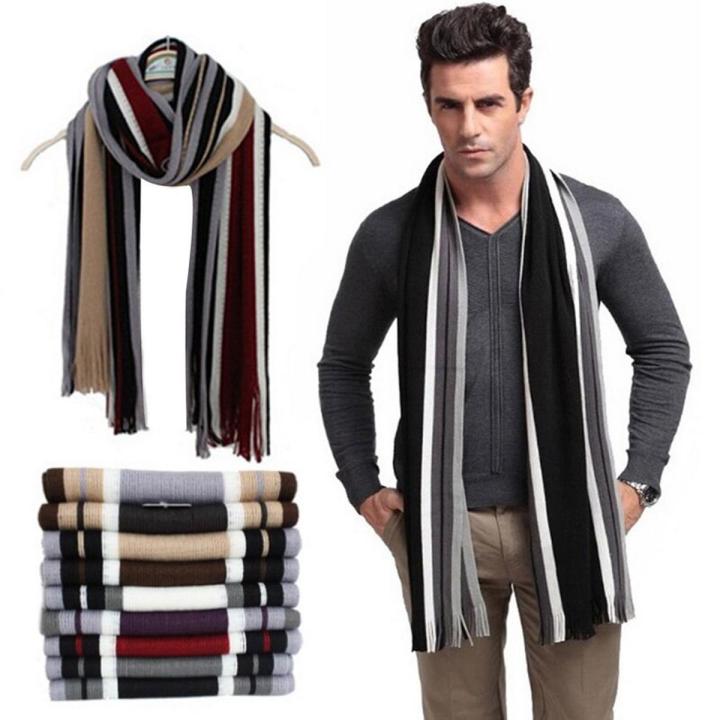 New Outdoor Winter Warm Scarf For Men Classic Cashmere Scarves Soft Kinted Scarf Fashion Striped Long Tassel Neckwarmer 2022