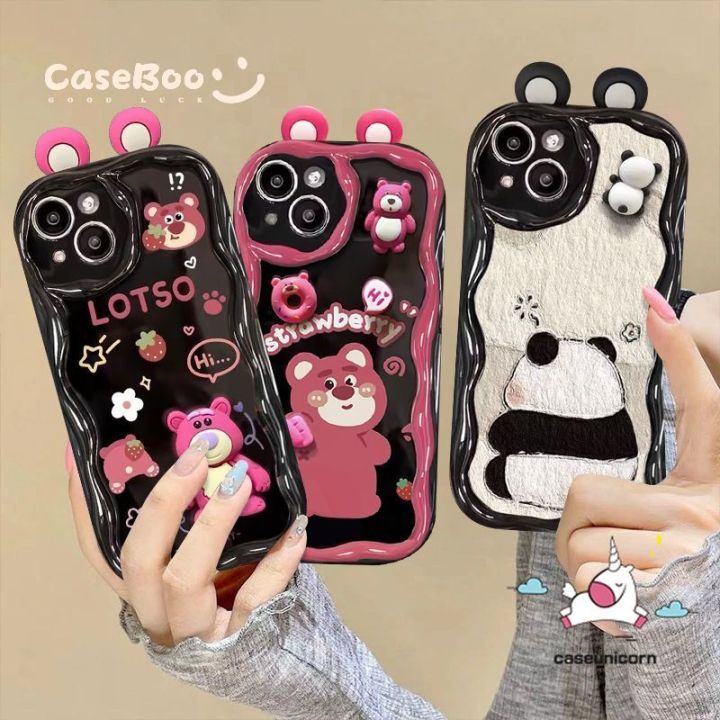 Caseunicorn Casing HP Cartoon 3D Doll Ears Couples Case Compatible For IPhone 7Plus 11 XR 15 14 13 12 11 Pro Max 6 6s 7 8 Plus X XS MAX 8P 7P se 2020 Cute Oil Paint Panda Strawberry Bear Lotso 3D Wavy Curved Edge Shockproof Soft Cover