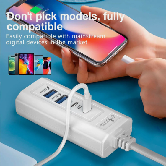 SuperCharge Pro: 20W Fast Charging Plug with 4 Outlets - 2 USB + 2 Type-C PD Sockets for iPhone & Samsung FastCharge Hub: 4-in-1 Power Socket Adapter with 2 USB + 2 Type-C PD Ports for Quick Charging