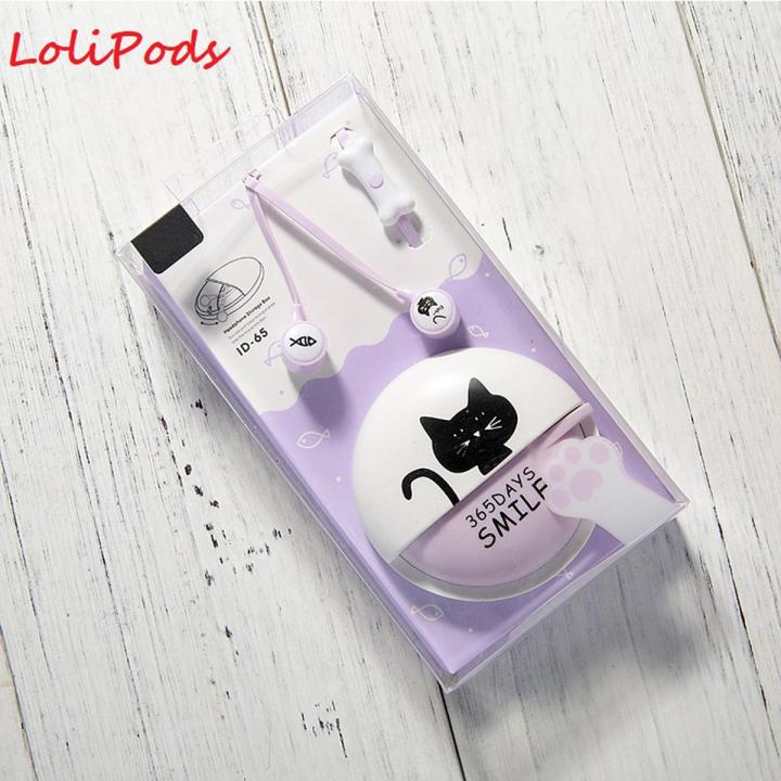 LoliPods1PC Cute Cat Wired In-Ear Headphones With Microphone 3.5 Mm Wire-Controlled Music Headphones With Headphone Box Universal Yx